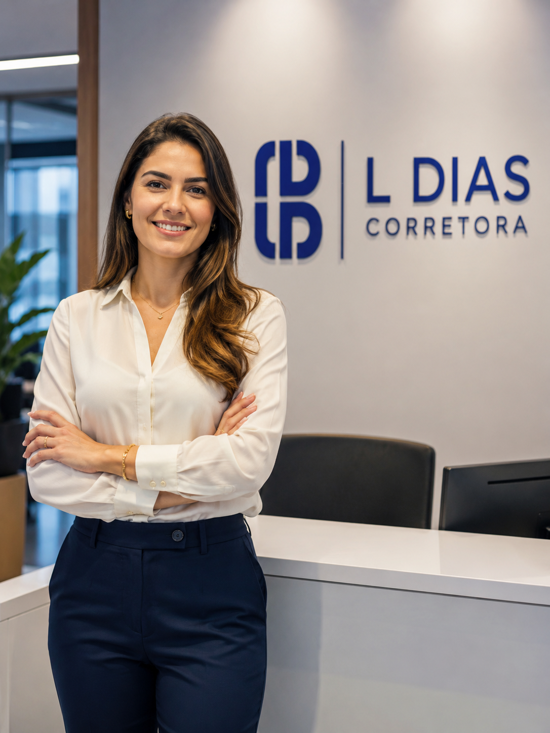 Funcionária confiante da L Dias Corretora em ambiente corporativo